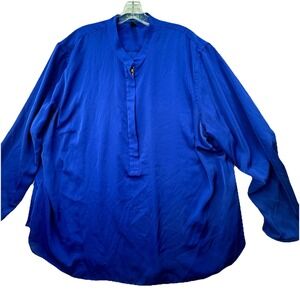 LRL‎ Lauren Ralph 3X Blouse Zip Up Long Sleeves Cobalt Blue Soft Business Preppy